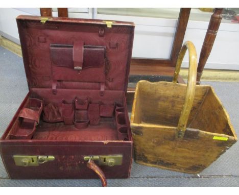 A Victorian travelling vanity case, together with a vintage treen trug 