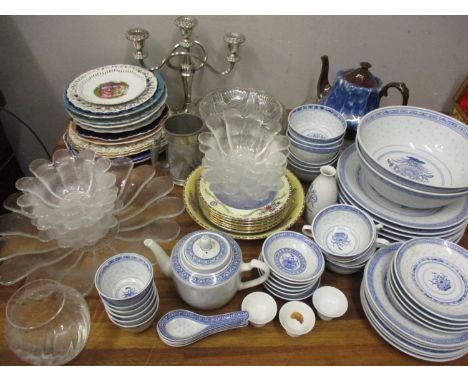 19th Century and later ceramics and glassware to include decorative plates, a Chinese dinner service, a dessert service, a co