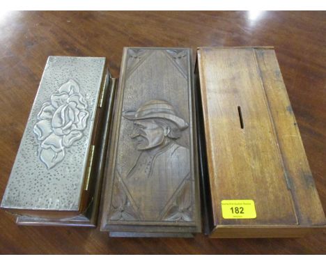 A vintage church collection box, a cigarette box and a carved treen box 