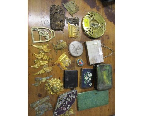 A Russian lacquered box, mixed vintage and later compacts, together with mixed decorative metal, gilt and treen plaques 