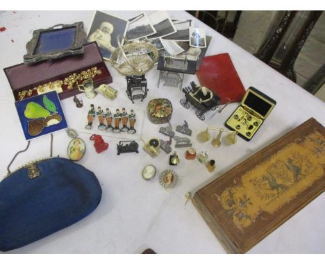 Small lead figures and counters, dolls house furniture, costume jewellery and miniature perfumes, a Sorrento style inlaid box