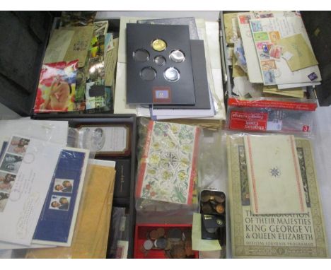 Coins, stamps and printed ephemera to include £2 and 50 pence coin collections, first day covers, ration books, postcards and