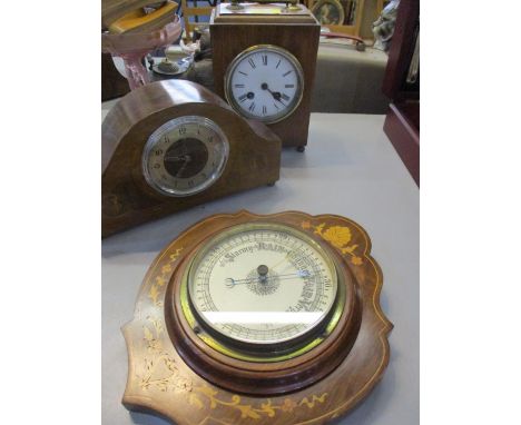 An early 20th century  inlaid barometer and two clocks to include an Edwardian mantle clock 
