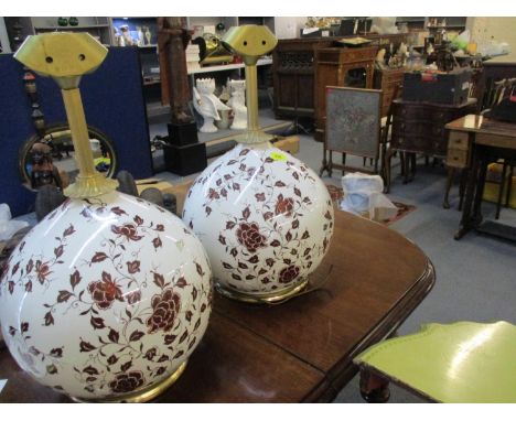 Two large ceramic bulbous table lamps with gilt base and double bulb attachments 