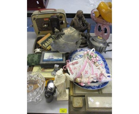 A mixed lot to include an Art Deco pink glass table centre piece, a cased Brownie projector, a flask, glassware, a silver pla