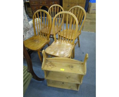 A set of four spindle back kitchen chairs in elm and ash, along with a pine wall hanging shelf unit 