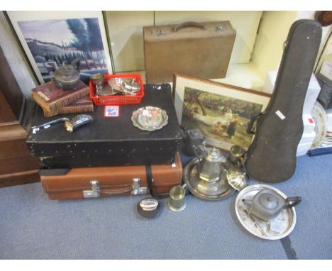 Mixed metalware to include silver plate, pewter and a white metal topped dressing table pot, together with vintage suitcases,