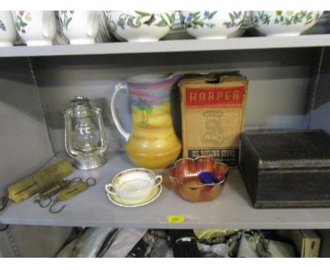 A mixed lot including Salters balance scales, tilly lamp, boxed oil boiling stove and other items 