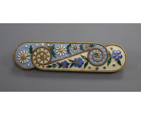 A yellow metal and floral enamel bar brooch, 52mm.