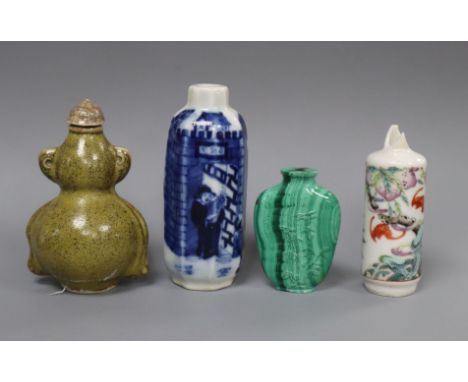 A Chinese malachite snuff bottle and three porcelain snuff bottles, 19th / 20th century (4) Tallest 9cm