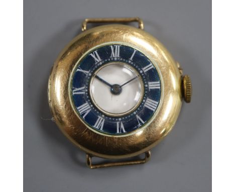 A lady's? early 20th century 15ct gold and enamel half hunter manual wind wrist watch, no strap.