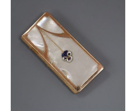 An early 20th century Austro- Hungarian yellow metal , enamel and mother of pearl set miniature calendar book, 7.2cm.