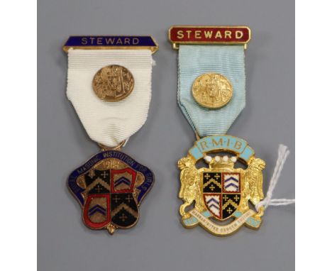 Two silver-gilt and enamel Masonic Steward's badges in Spencer &amp; Co box