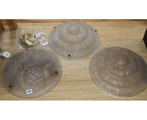 A frosted moulded glass plaffonier signed 'Ros', a pair of similar plafonniers and a five-light brass electrolier, mounted wi