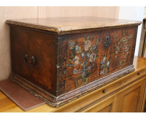 An 18th century Continental painted pine trunk W.99cm