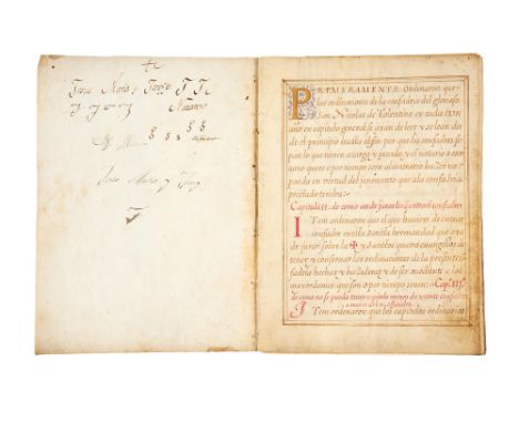 Ɵ Statutes of the Confraternity of St. Nicholas de Tolentino, in medieval Spanish, illuminated manuscript on parchment[Spain 