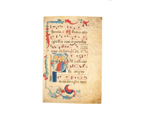 The Ascension of Christ in a large initial on a leaf from an illuminated manuscript choirbook on parchment [Italy (Bologna), 