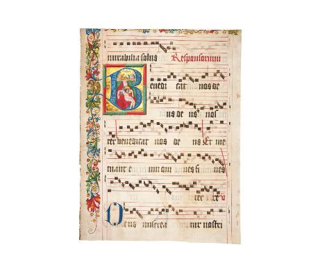 The Trinity, in a historiated initialon a leaf, from an illuminated manuscript choirbook in Latin[southern Germany (probably 