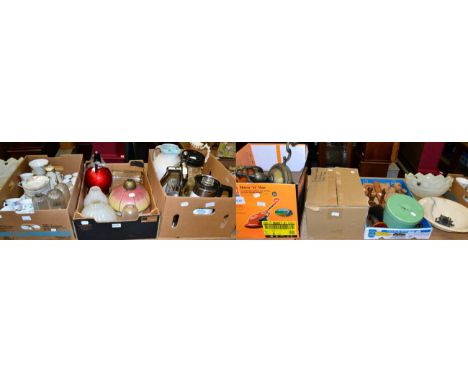 A large quantity of assorted kitchenalia including scales, together with an assortment of light fittings and shades, tea and 