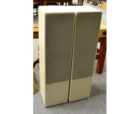 Acron, a pair of 900B floor standing speakers, with off white finish and metal grill speaker covers, height 3ft 8in