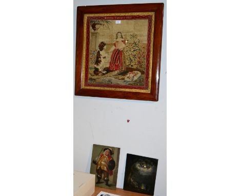 A mid 19th century Berlin style woolwork tapestry, girl and dog, Emma Turners, 1851, in rosewood frame; together with an oil 