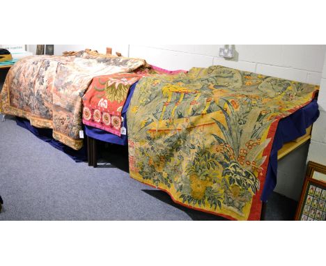 A machine made Aubusson style tapestry, France, depicting an 18th century chateau within a rural landscape, 400cm by 180cm, t