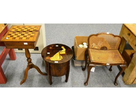 A tripod combination games table and writing slope, a cane stool, typewriter and assorted ceramics, glass and other items 