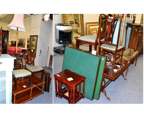 A nest of tables, two folding card tables, a hanging wall rack, three assorted chairs, reproduction coffee table, a standard 