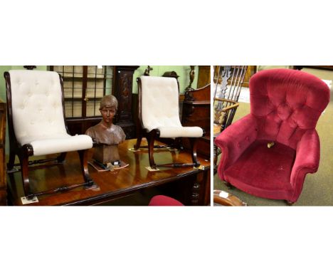 A Victorian upholstered armchair with buttoned back; together with a pair of reproduction nursing chairs by Glenister, High W