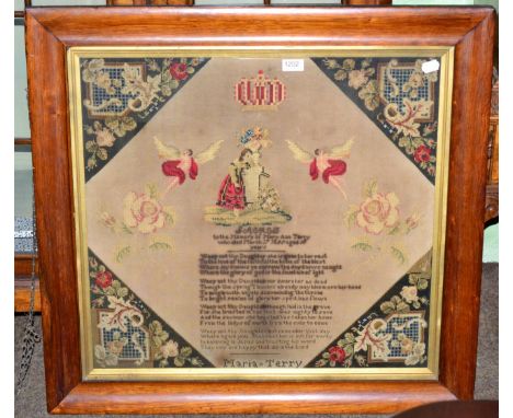 An early Victorian memorium needlepoint tapestry, Maria Terry, 1850, framed