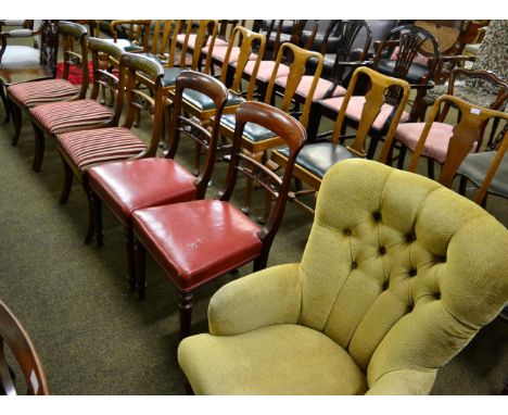 A French upholstered open armchair, a Victorian mahogany hall chair, three brass inlaid rosewood dining chairs, a pair of mah