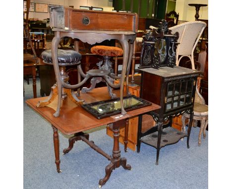 A Victorian mahogany Sutherland table together with an Edwardian small side cabinet with mirror back, a shaped oval occasiona