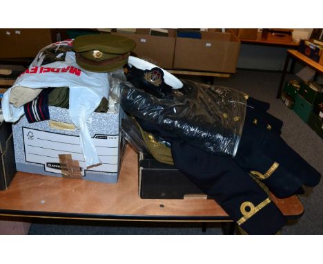 Three naval uniforms, an army cadet officer's uniform and some uniform accessories etc