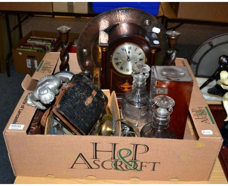 An Edwardian mantle clock, binoculars, candle sticks, novelty metalwares, a pair of 19th century decanters, copper dish etc 