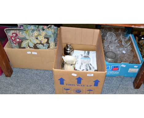 A quantity of cut glass, a set of Wedgwood wall plates, tapestry cushions, plated wares etc (three boxes)