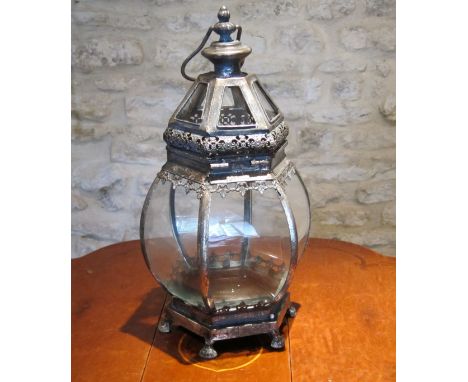 Metal candle lantern with glass. H44cm, W20cm. Location: North Oxfordshire