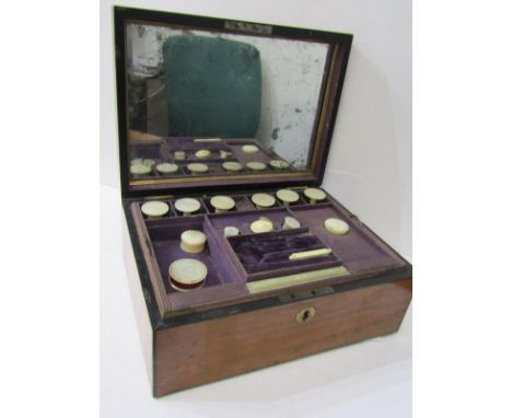 VICTORIAN SEWING BOX, Mahogany veneer and ebony strung, the interior fitted with ivory and mother of pearl bobbins and other 