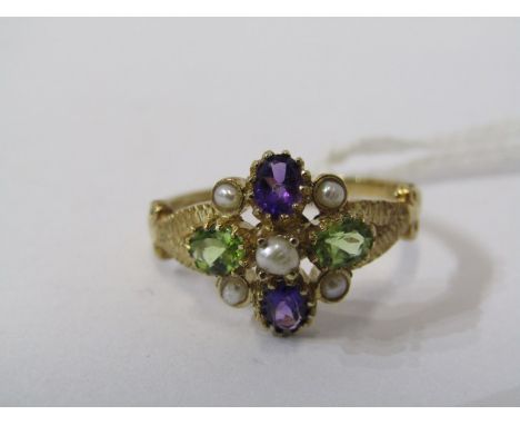 9ct YELLOW GOLD SUFFRAGETTE STYLE RING, amethyst, peridot and seed pearl, the purple, green and white of the woman's Suffrage