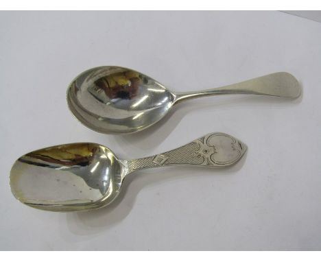 SILVER CADDY SPOONS, George Unite engraved handle caddy spoon, Birmingham 1864: and 18th Century silver Old English pattern c
