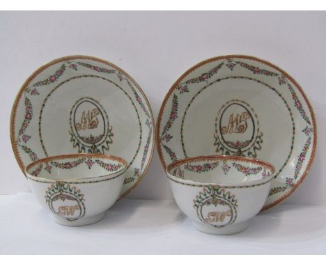 ORIENTAL CERAMICS, pair of 18th Century armorial design floral swag tea bowls and saucers (some defects) 