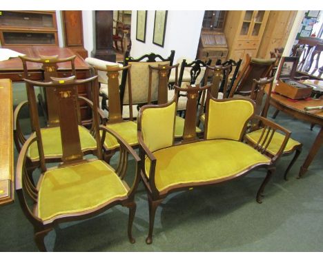 ART NOUVEAU MARQUETRY LOUNGE SUITE, 2 seater settee with pair of open armchairs &amp; 4 salon chairs, Mother Of Pearl &amp; s