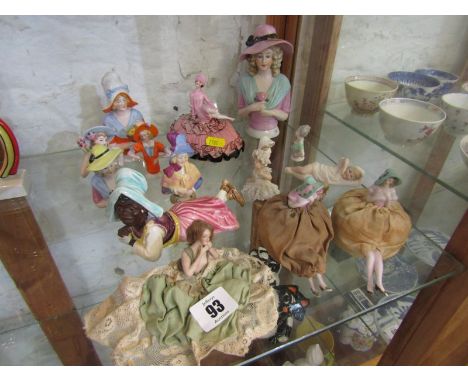 ANTIQUE PORCELAIN HALF LADIES, collection of pin cushion and similar half lady figures, including Flapper and 1 "Naughty" 