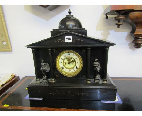 VICTORIAN BLACK MARBLE MANTEL CLOCK, architectural design mantel clock with open brocot escapement, glass clock face missing,