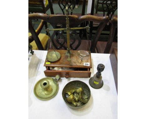 ANTIQUE BALANCE SCALES, mahogany drawer base brass column balance scales, also Victorian engraved crested chamber stick and o