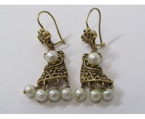 PAIR OF 14ct YELLOW GOLD CULTURED PEARL SET DROP EARRINGS, 28.1 grams 