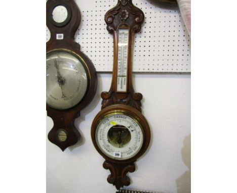 EDWARDIAN ANEROID BAROMETER, carved oak framed thermometer, 33"height 