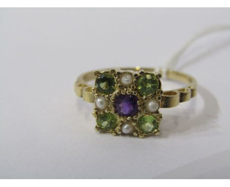 9ct YELLOW GOLD SUFFRAGETTE STYLE RING, amethyst, peridot and seed pearl, the purple, green and white of the womans suffrage 