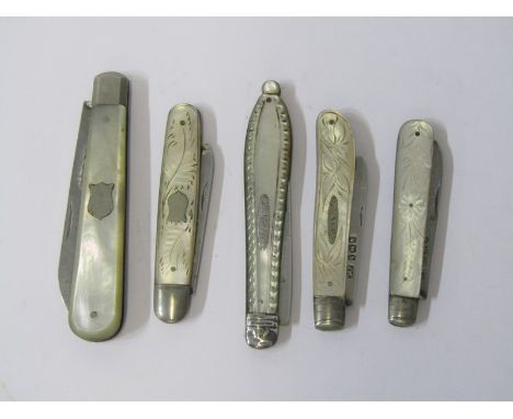 SELECTION OF 6 MOTHER-OF-PEARL SILVER BLADED PEN KNIVES 