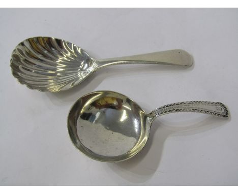 ANTIQUE SILVER CADDY SPOONS, Georgian bright cut handled caddy spoon and Old English pattern shell bowl caddy spoon, possibly