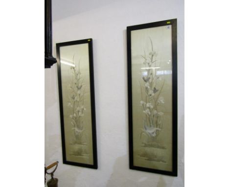 ORIENTAL TEXTILES, pair of 19th Century Japanese embroidered colour silk panels "Herons &amp; Butterflies" 50" x 13" 